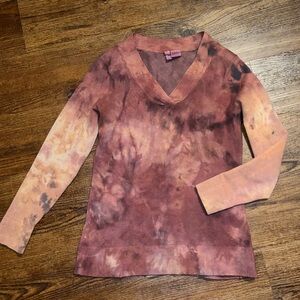 Tiara Brown Cream Tie-Dye V-Neck Quarter Long Sleeve Cotton Sweater Boho Size S